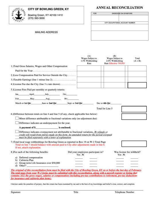Fillable Annual Reconciliation - City Of Bowling Green Printable pdf