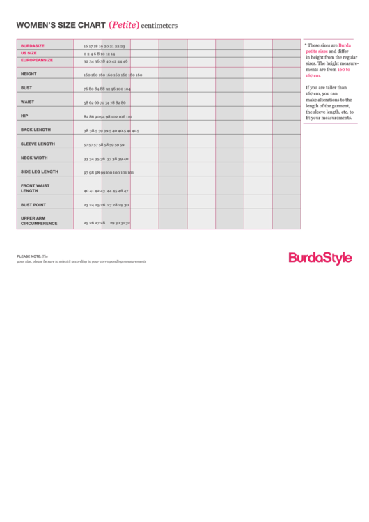 Burda Women'S Size Chart (Petite) Centimeters printable pdf download