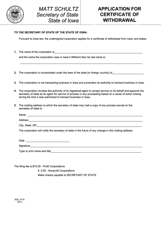 Fillable Form 635_0115 - Application For Certificate Of Withdrawal - 2011 Printable pdf