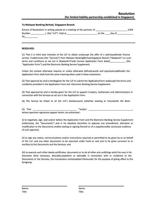 Resolution - (For Limited Liability Partnership Established In Singapore) Printable pdf