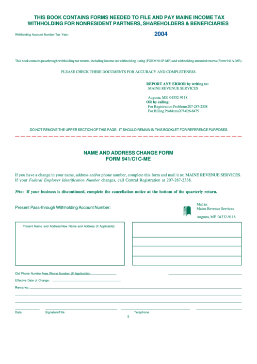 Form 941/c1c-Me - Name And Address Change Form - 2004 Printable pdf
