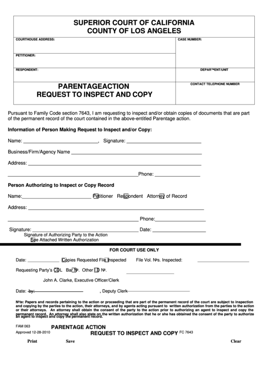 Fillable Form Fc 7643 - Paternity Inspection Request - Superior Court Of California - County Of Los Angeles Printable pdf