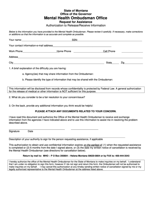 Request For Assistance Authorization To Release/receive Information Printable pdf