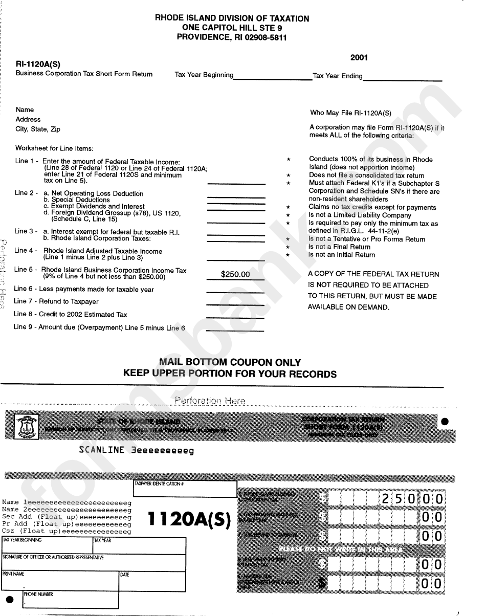 Form Ri-1120a(S) - Business Corporation Tax Return - Rhode Island Division Of Taxation - 2001