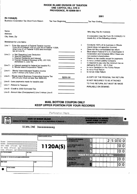 Form Ri-1120a(S) - Business Corporation Tax Return - Rhode Island Division Of Taxation - 2001 Printable pdf