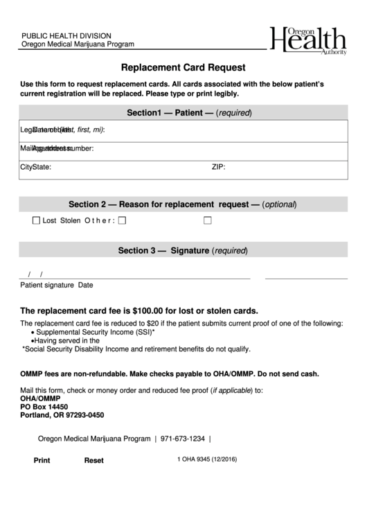 Fillable Form Oha 9345 - Replacement Card Request Printable pdf