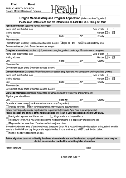 Form Oha 9240 - Oregon Medical Marijuana Program Application