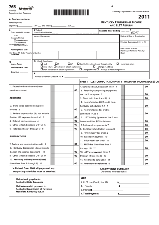 Form 765 - Kentucky Partnership Income And Llet Return - 2011 Printable pdf