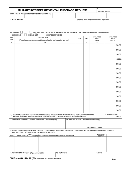 Fillable Dd Form 448 - Military Interdepartmental Purchase Request Printable pdf