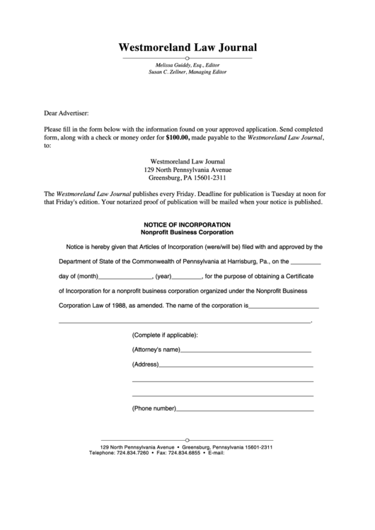 Notice Of Incorporation (Nonprofit Business Corporation) - Commonwealth Of Pennsylvania Printable pdf