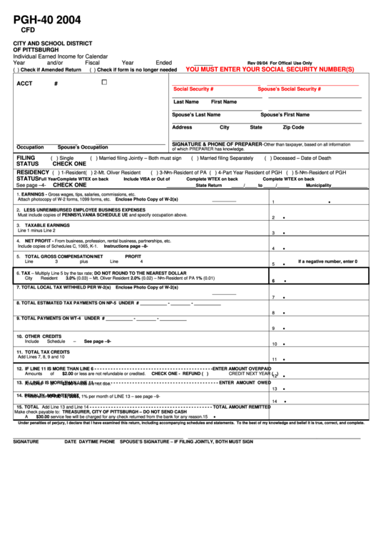 Form Pgh-40 - Individual Earned Income/form Wtex - Non-Resident Exemption Certificate - 2004 Printable pdf