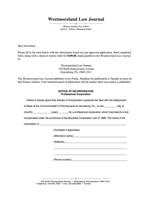 Notice Of Incorporation (Professional Corporation) - Commonwealth Of Pennsylvania Printable pdf