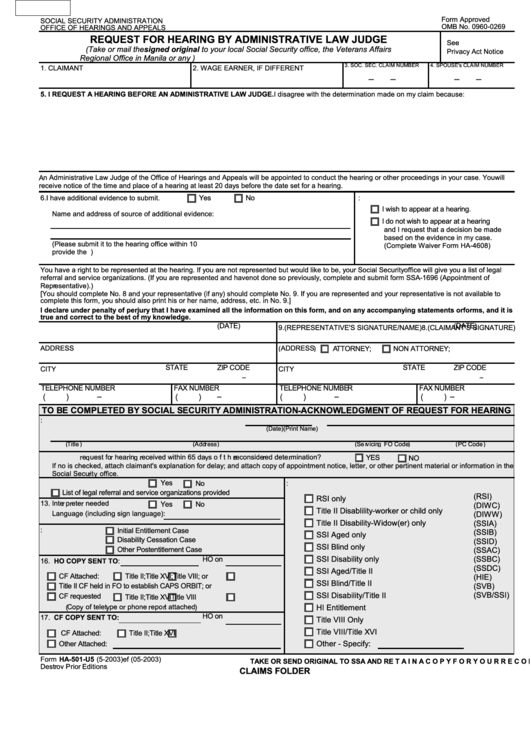 Form Ha-501-U5 - Request For Hearing By Administrative Law Judge Printable pdf