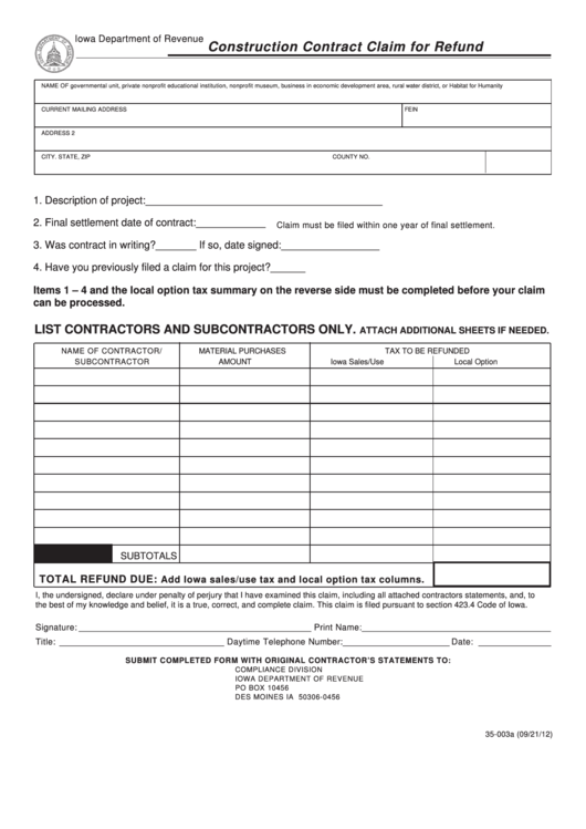 Form 35-003a - Construction Contract Claim For Refund Printable pdf