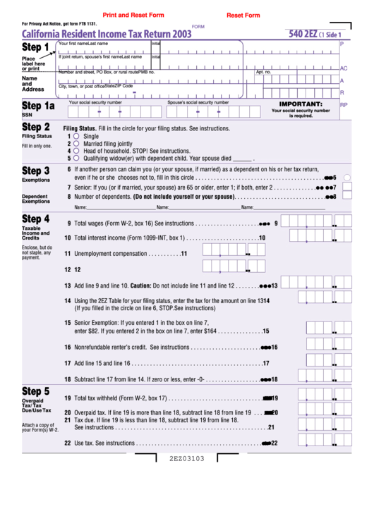 Fillable Form 540 2ez - California Resident Income Tax Return - 2003 Printable pdf