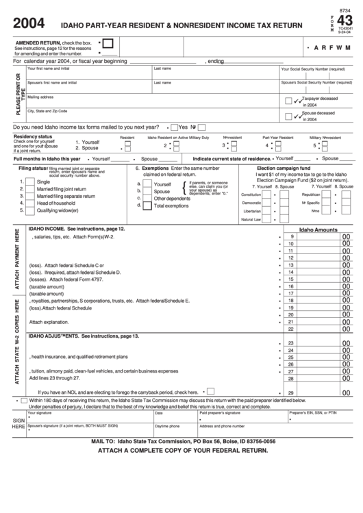 Fillable Form 43 - Idaho Part-Year Resident & Nonresident Income Tax Return - 2004 Printable pdf