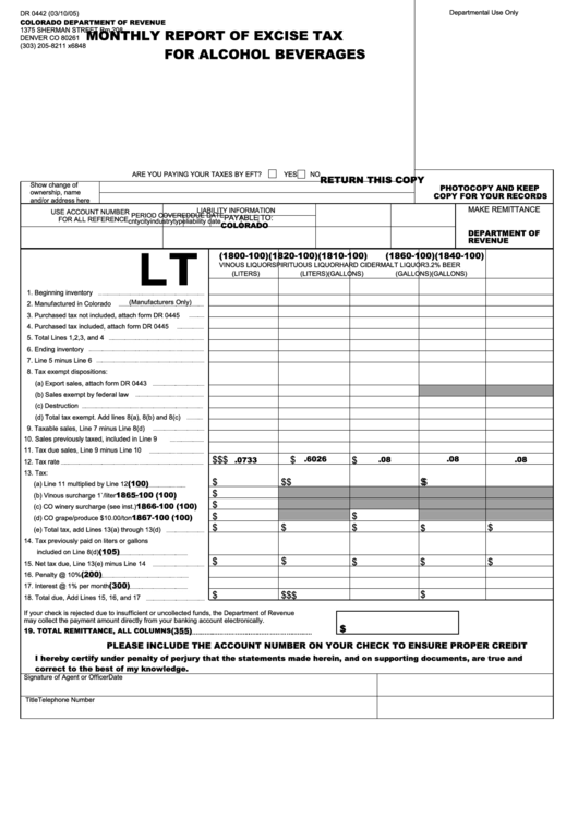 Form Dr 0442 - Monthly Report Of Excise Tax For Alcohol Beverages Printable pdf