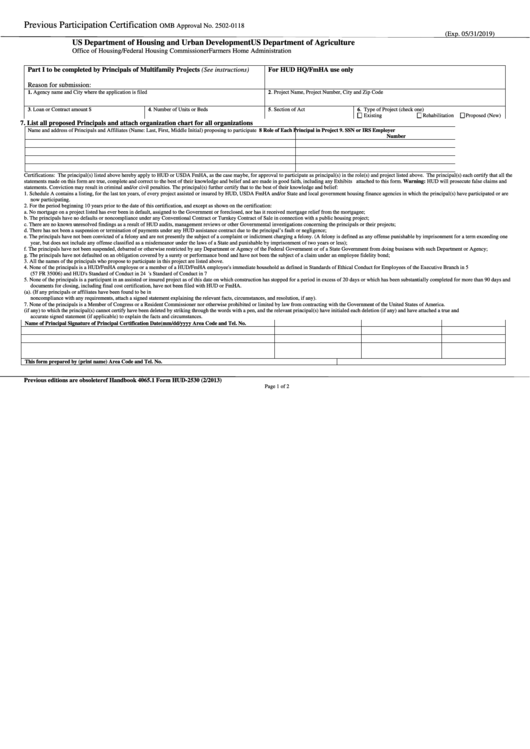 Fillable Form Hud-2530 - Previous Participation Certification Printable pdf