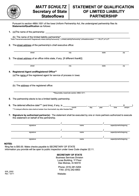 Fillable Form 635_2002 - Statement Of Qualification Of Limited Liability Partnership - 2011 Printable pdf