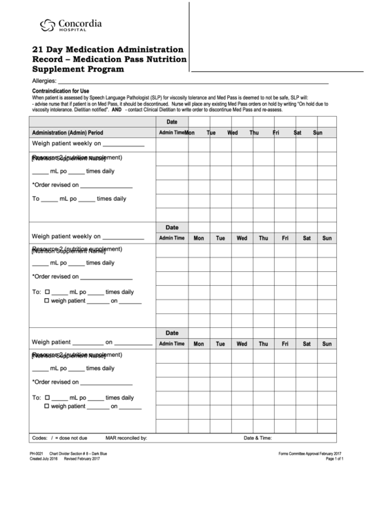 Form Ph-0021 - 21 Day Medication Administration Record - Medication Pass Nutrition Supplement Program
