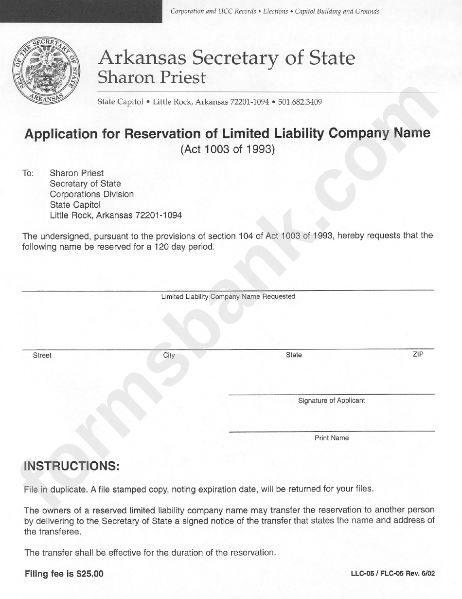 Form Llc-05/flc-05 - Application For Reservation Of Limited Liability Company Name