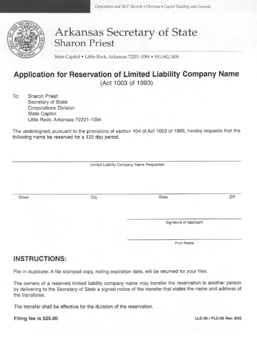 Form Llc-05/flc-05 - Application For Reservation Of Limited Liability Company Name Printable pdf