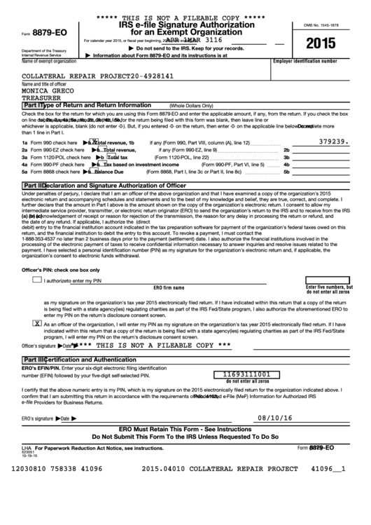 Form 8879-Eo - Irs E-File Signature Authorization For An Exempt Organization Sample - 2015 Printable pdf