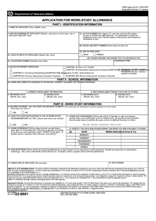 Fillable Va Form 22-8691 - Application For Work-Study Allowance Printable pdf