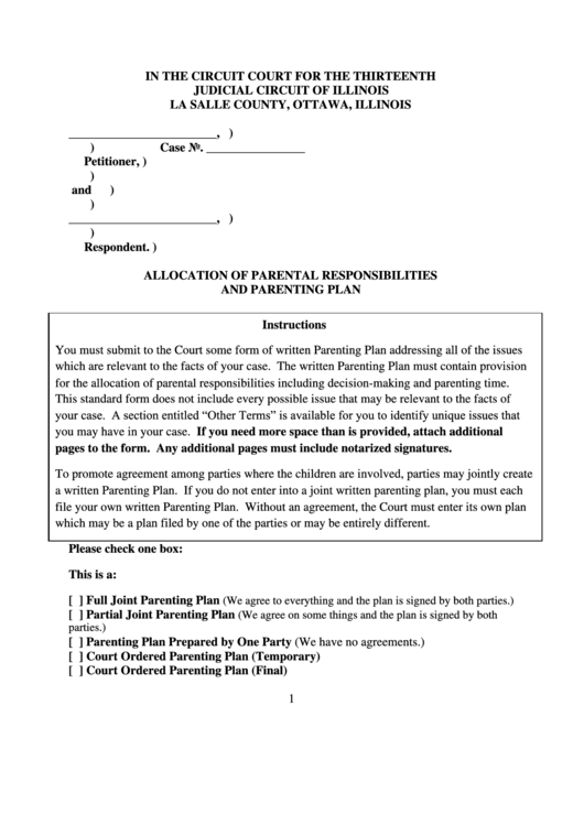 Allocation Of Parental Responsibilities And Parenting Plan - La Salle County, Ottawa, Illinois Printable pdf