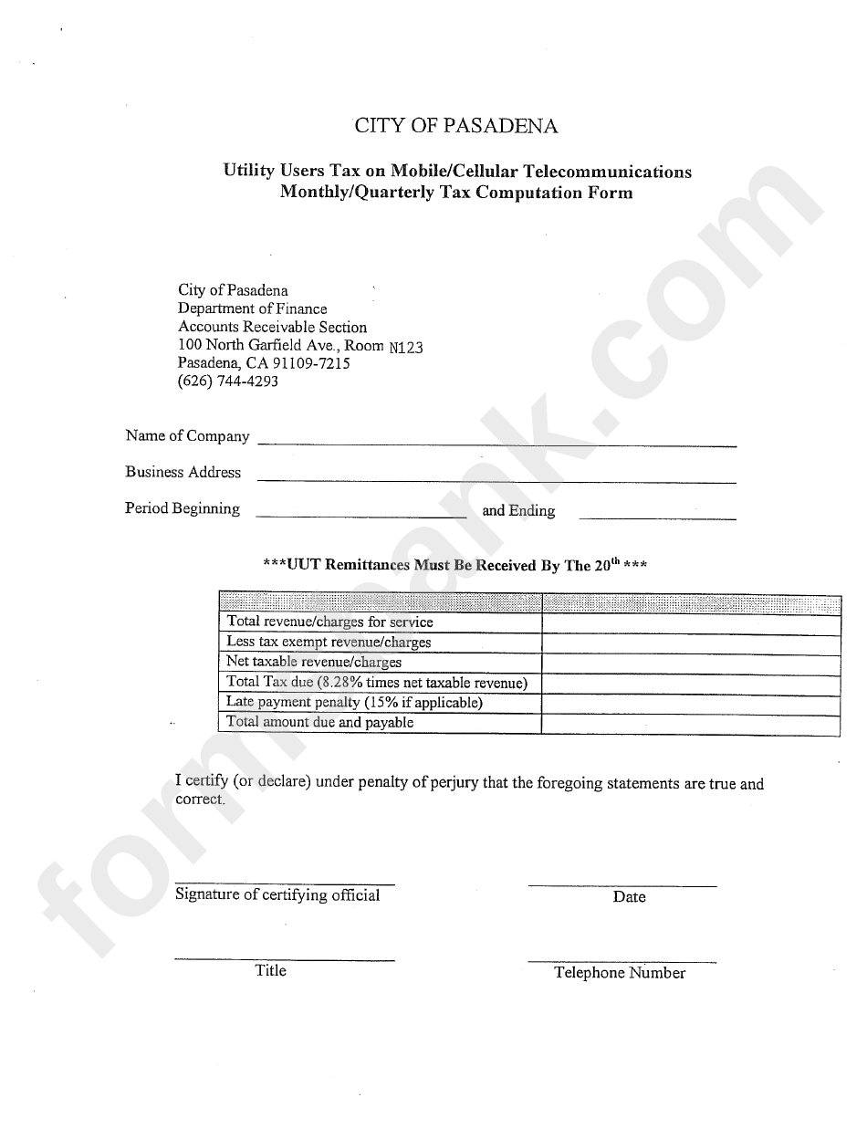 Utility Users Tax On Mobile/cellucar Telecommunications Monthly/quarterly Tax Computation Form