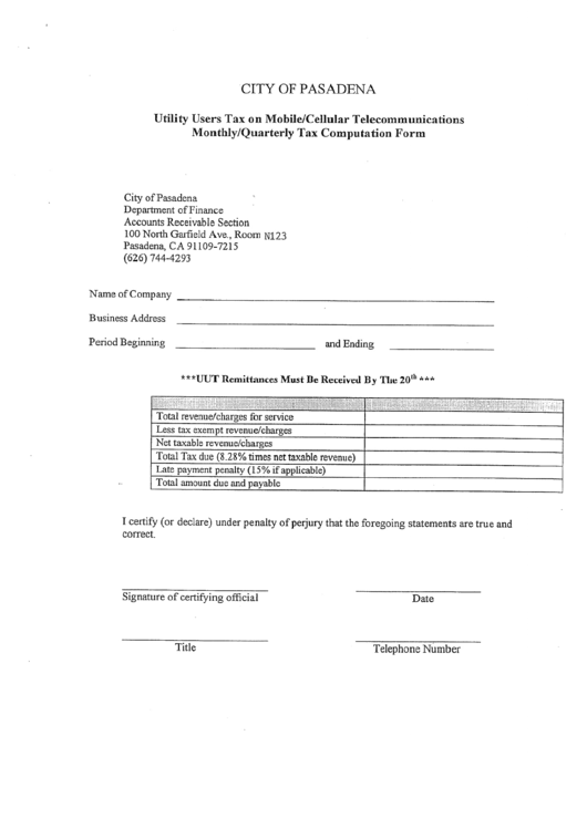 Utility Users Tax On Mobile/cellucar Telecommunications Monthly/quarterly Tax Computation Form Printable pdf
