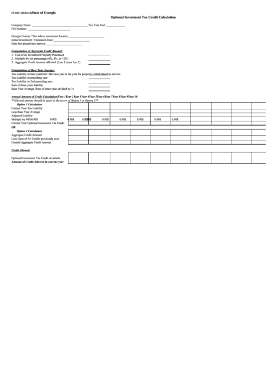 Fillable Form It-Oic - Optional Investment Tax Credit Calculation Printable pdf