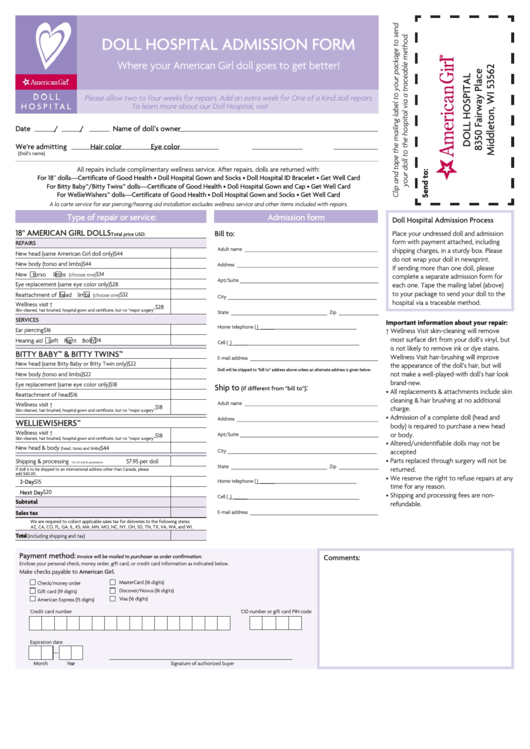 Fillable Doll Hospital Admission Form American Girl Printable Pdf 