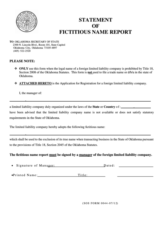 Sos Form 0044 - Statement Of Fictitious Name Report - Oklahoma Secretary Of State Printable pdf