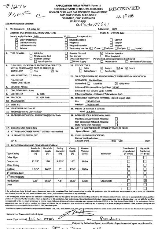 Form 1 - Application For A Permit Sample - Ohio Department Of Natural Resources Printable pdf