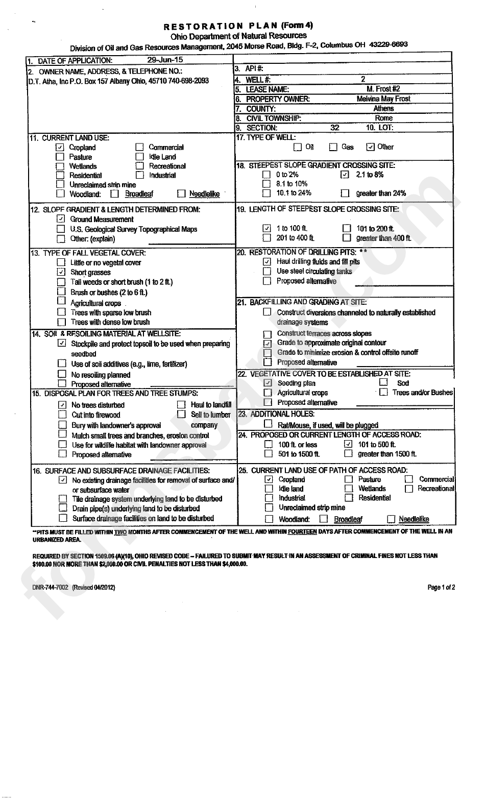 Form 1 - Application For A Permit Sample - Ohio Department Of Natural Resources