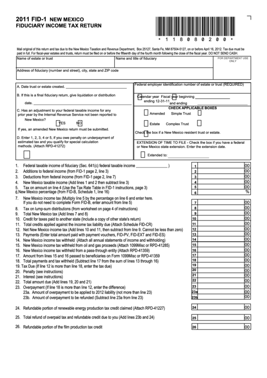Form Fid-1 - New Mexico Fiduciary Income Tax Return - 2011 Printable pdf