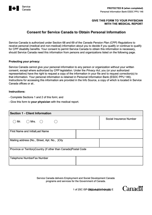 Fillable Form Sc Isp-2502-A - Consent For Service Canada To Obtain Personal Information Printable pdf