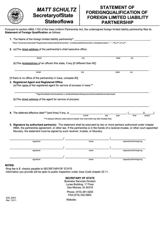 Fillable Form 635_2003 - Statement Of Foreign Qualification Of Foreign Limited Liability Partnership - 2011 Printable pdf