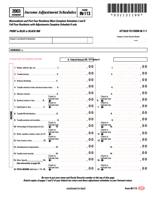 Form In-113 - Vermont Income Adjustment Schedules - 2003 Printable pdf