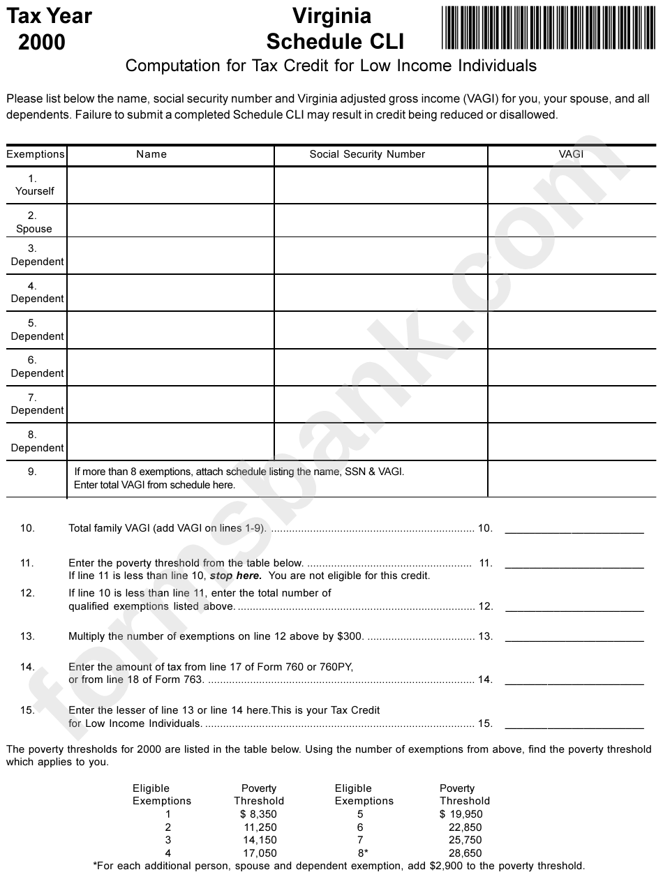 Schedule Cli - Computation For Tax Credit For Low Income Individuals - 2000