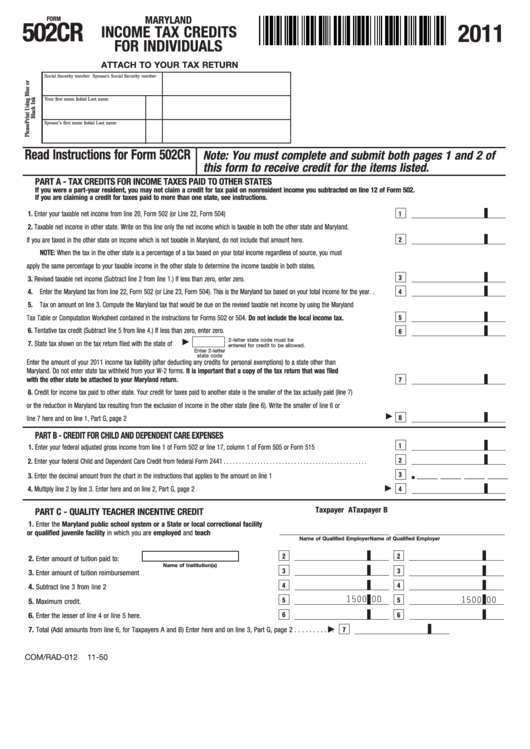Fillable Form 502cr - Maryland Income Tax Credits For Individuals - 2011 Printable pdf