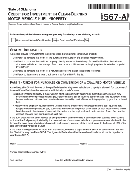 Fillable Form 567-A - Credit For Investment In Clean-Burning Motor Vehicle Fuel Property - 2011 Printable pdf