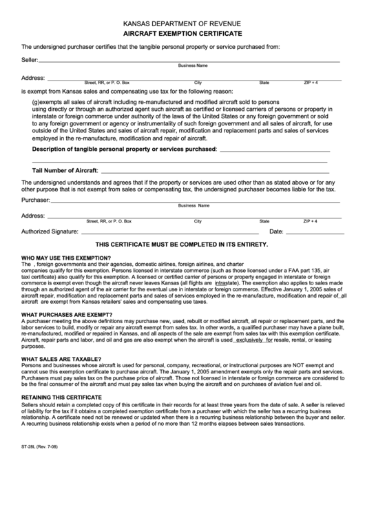 Fillable Form St-28l - Aircraft Exemption Certificate Printable pdf
