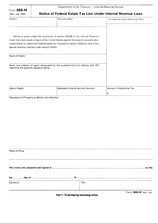 Form 668-H - Notice Of Federal Estate Tax Lien Under Internal Revenue Laws Printable pdf