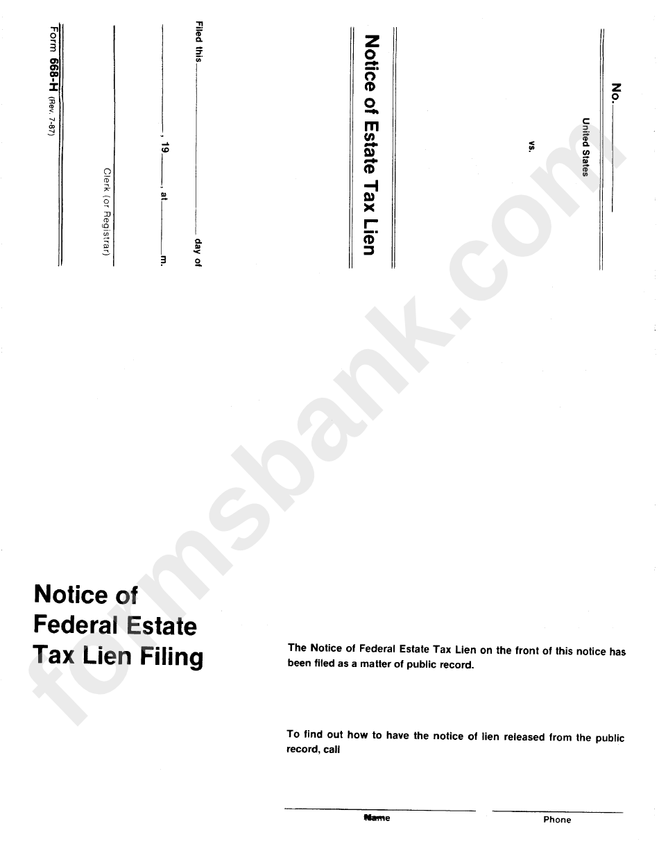 Form 668-H - Notice Of Federal Estate Tax Lien Under Internal Revenue Laws