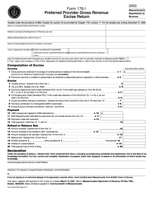 Form 176-I - Preferred Provider Gross Revenue Excise Return - 2000 Printable pdf