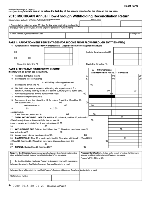 Fillable Form 4918 - Annual Flow-Through Withholding Reconciliation Return - 2015 Printable pdf