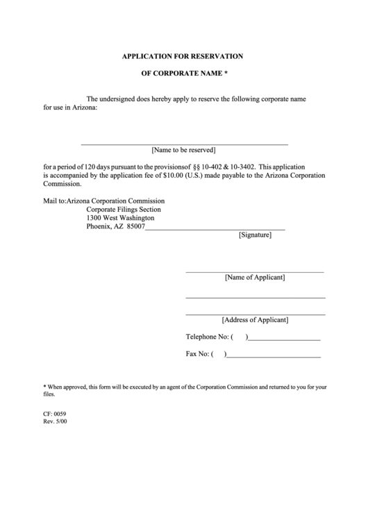 Form Cf0059 - Application For Reservation Of Corporate Name - 2000 Printable pdf