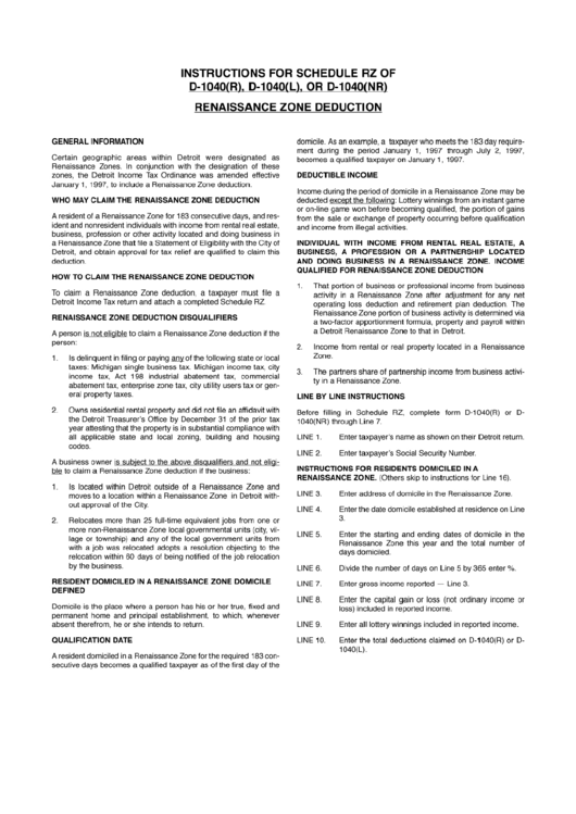 Instructions For Schedule Rz Of D-1040(R), D-1040(L), Or D-1040(Nr) - Renaissance Zone Deduction Printable pdf